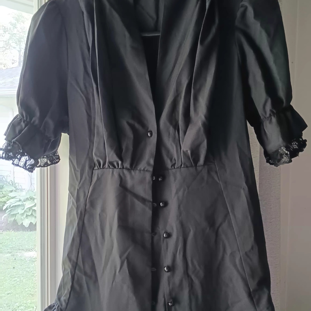 Black Button-Up Dress with Lace Trim